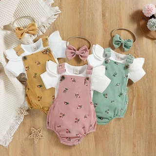 Eph-Conjunto De Blusas Sólidas Para Bebês Meninas + Macacão Com Suspensório + Faixa De Cabeça, 0-18 Meses