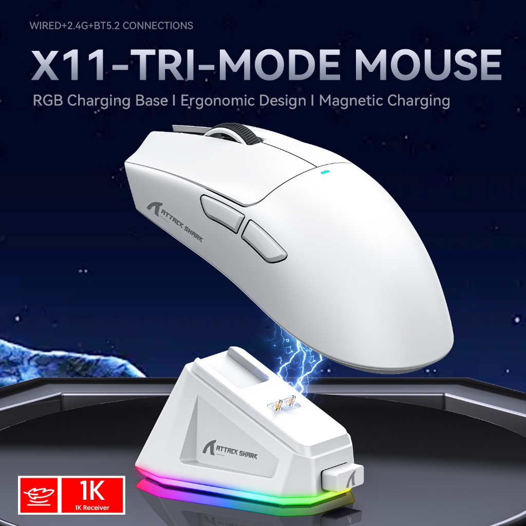 Rato Sem Fio Buletooth Attack Shark X11 Três Modos 2.4G PAW3311 BT5.0 22000DPI 400IPS RGB E-sports Para Jogos De PC Personalizado