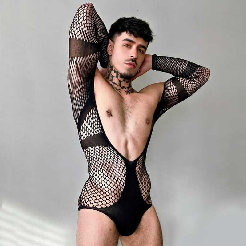 Sexy Homens Fato De Salto Sem Costas De Malha Fishnet Open Crotch Lingerie Vestido De Sexo Tentação De Sono