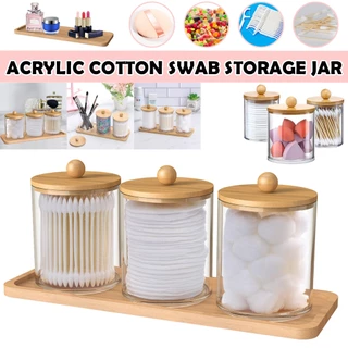 3 Pacotes De Qtip Dispensador De Bambu Tampa Transparente Para Maquiagem , Cotonete , Bola , Almofadas E Fio Dental Organize Seu Banheiro Com Este Conjunto De Acrílico Transparente Bandeja De Algodão De Armazenamento De Cotonete