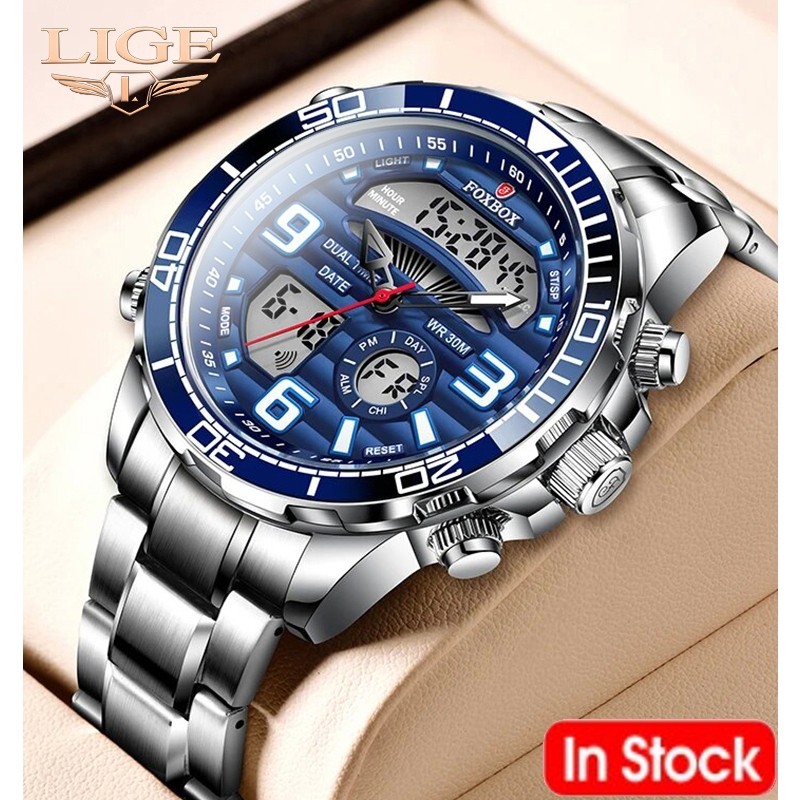 relogio masculino LIGE Novo Relógio Moda Data Quartz Homen Relógios Top Marca Luxo Cronógrafo Esporte Duplo Display Pulseira Homens Relógios