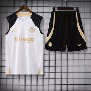 233 /24 Colete de Treinamento de Manga Curta Branca Chelsea para Homens Fato Esportivo de Futebol com Bolso com Zíper Duplo S-XXL