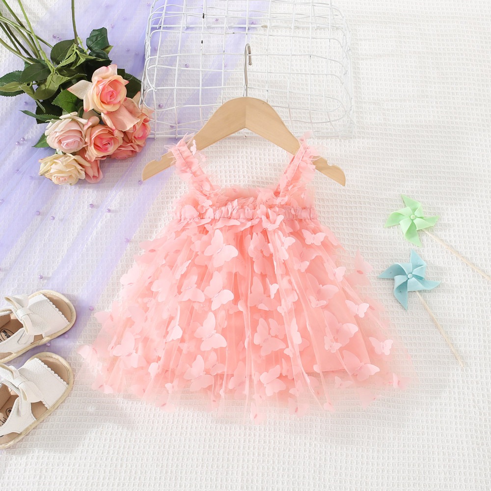 Summer New Pink Butterfly Baby Girl Princess Dress , Style Wedding Party Roupas Sem Mangas Para Crianas (3 meses-3 Anos de Idade)