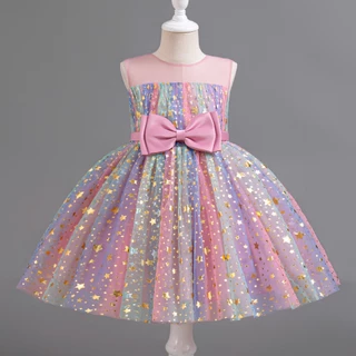 WFRV 3-8 Year Girl Summer Birthday Party Unicorn Princess Dress Star Sequin Large Bow Sleeveless Banquet Etiquette Dress