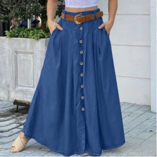 [Estoque pronto] Saia longa das mulheres com botão/bolsos laterais dianteiros/Retro/Casual 518 518