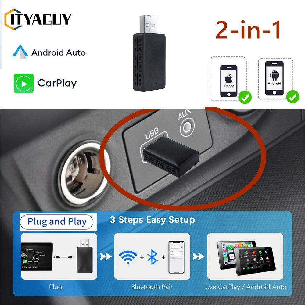 Adaptador automotivo Android CarPlay sem fio para carro com fio de fábrica, CarPlay sem fio e Android auto 2 em 1 Adaptador receptor dongle Apple CarPlay sem fio Adaptador receptor dongle automático Android para carro Apple Player com adaptador USB