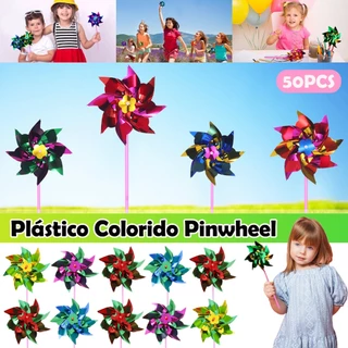 50Pcs Catavento Metalizado Plástico Misto Colorido Pinwheel Moinho De Vento Decoração De Jardim Giratório Para Jardim / Gramado / Festa
