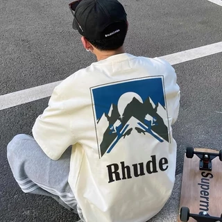 RHUDE Marlboro Sunset Snow Mountain American High Street Algodão Solto Manga Curta Casual Casal De Camiseta Mesma