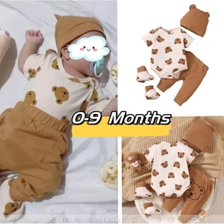 Roupas De Bebê Menino 0-9 Meses 4PCS Conjunto De Newboen Cute Bear Print Short Sleeves Bodysuit Calças Sólidas Chapéu Com Roupa De Meias Casual De Verão