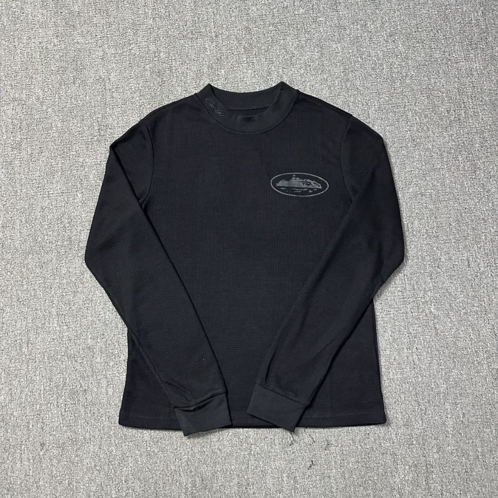 Bordado de Outono Inverno Novo Estilo Carta Todos os Waffle Long Sleeve Top Preto