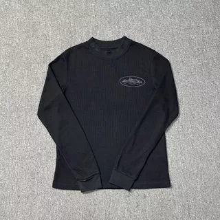 Bordado de Outono Inverno Novo Estilo Carta Todos os Waffle Long Sleeve Top Preto