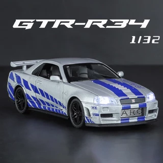 1 : 32 Escala Nissan GTR R34 Modelo De Carro De Liga Leve Diecast Som Coleção De Amantes De Carros De Aniversário Kids Birthday Gift Metal Boys Toys