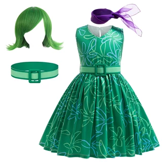 Filme Desenho Animado Disgust Role-Play Cosplay Costume Kids Girls Floral Dress + Belt + Scarf 3PCS Roupas De Aniversário Halloween