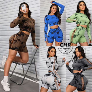 CHR 2 Peças Tie-dye Hollow Out Conjunto Academia Top Sutiã Shorts Roupa Levanta Bumbum Esportiva