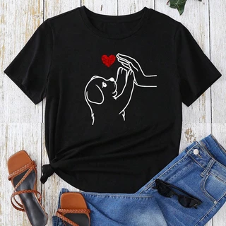 Bonito E Interessante Desenho Animado Cachorro Pétala Vermelha Estampa De Amor Novas Senhoras Da Moda Verão Manga Curta Branca Camiseta Preta Cor-De-Rosa Primavera Outono Roupas De Mãe