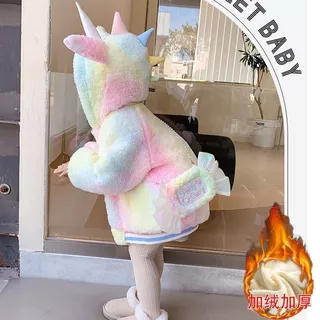 Casaco De Inverno Outono Menina Unicórnio Para Crianças Capuz Arco-Íris Cordeiro Velo Quente De Pequeno Porte Fofo Exterior + Bag