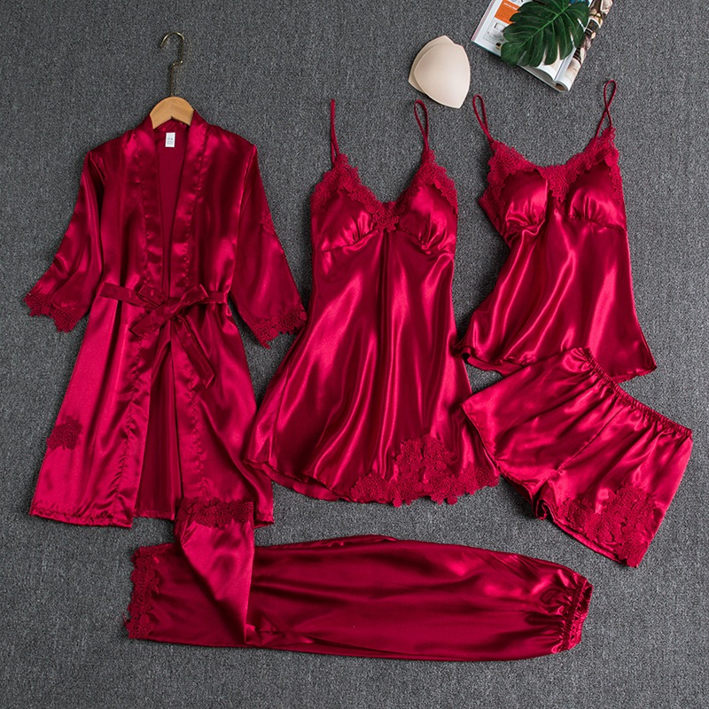 Conjunto 5Pcs Roupa De Dormir Feminina Pijama De Seda Renda De Cetim ...