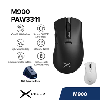 Delux M900 PAW3311 Mouse Para Jogos DPI MAX 12000 Wired 2.4G Sem Fio Recarregável Com Dock De Carregamento RGB 63g Design Ergonômico Assimétrico Ultra-Leve PC/Laptop/Windows