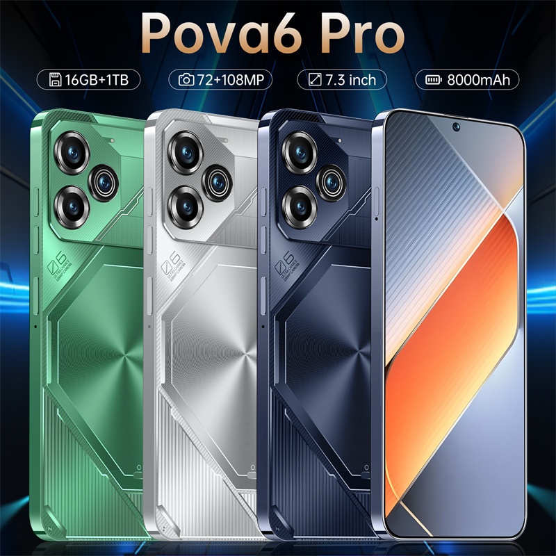 2024 Celular Novo Pova6 Pro 7.3 Polegadas Smartphone Acessível 16GB + 1TB Amigo Do Usuário Durável HD Telefone Prático Barato Câmera