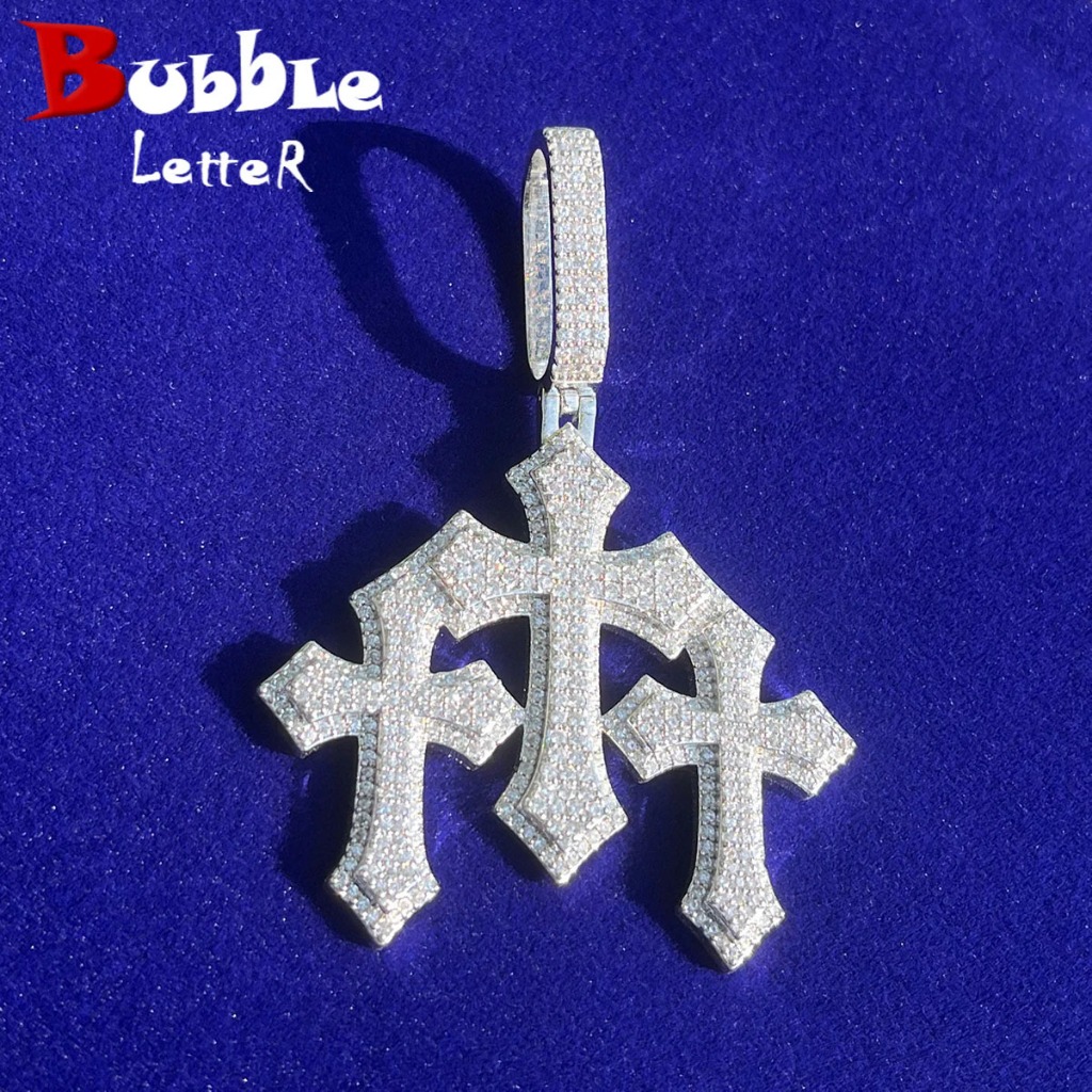 Letra Bubble Letter Iced Out Cross Para Mulheres Jóias De Luxo Hip Hop Em Zircônia De Cobre Real Com Banho De Ouro Branco