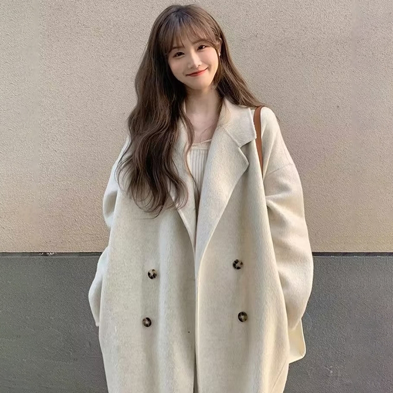 Casaco De Lã Coreano Feminino Solto De Comprimento Médio De Inverno De ...