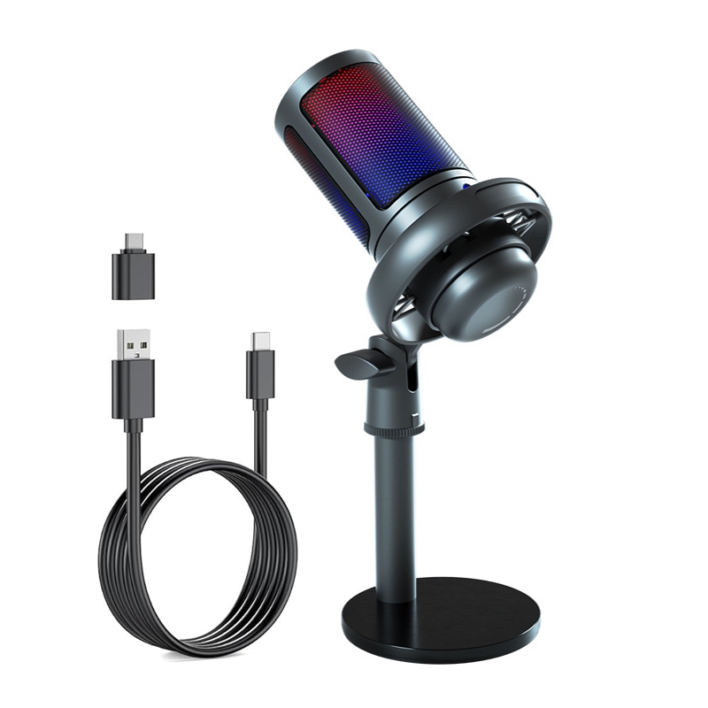 Microfone Usb Para Jogos De Computador Microfone Condensador De Mesa Com Luz RGB/Botão Mudo/Entrada Para Fones De Ouvido