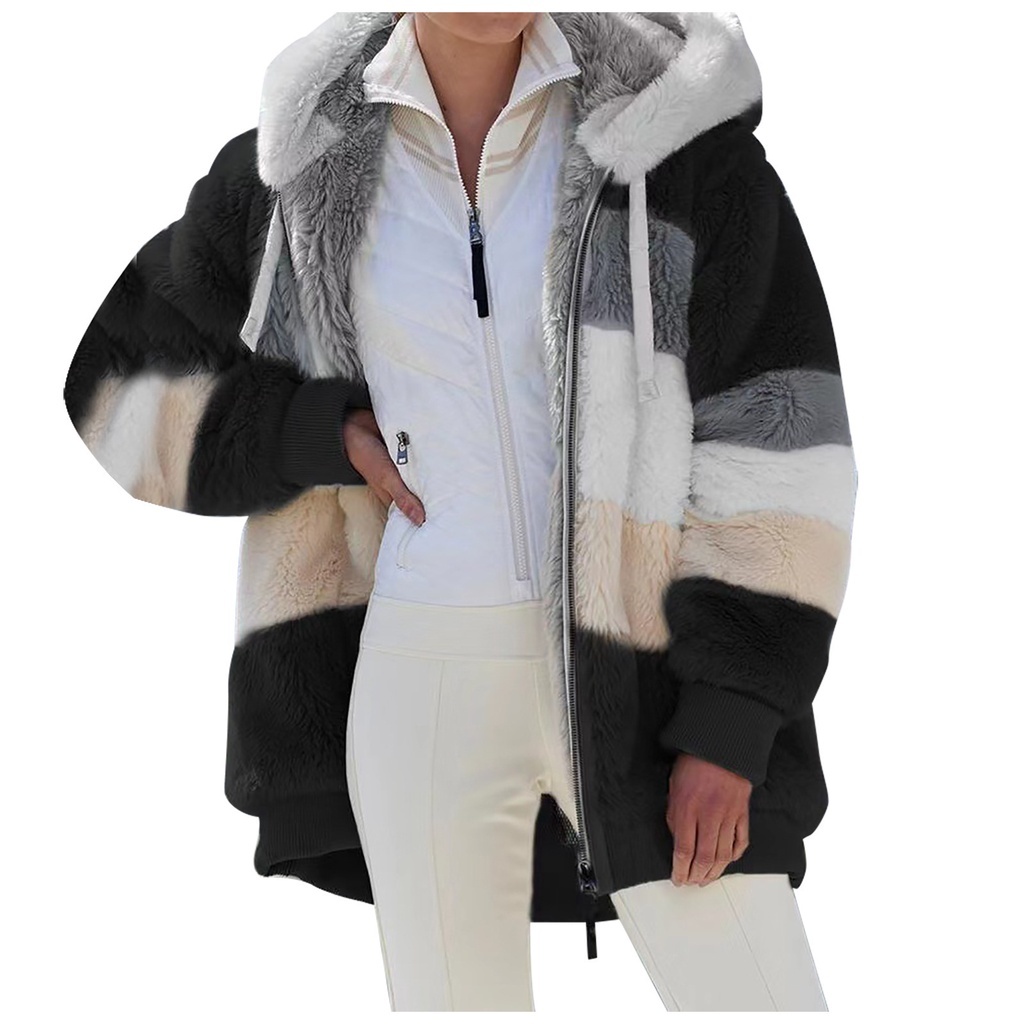 Jaqueta Feminina Com Capuz De Pelúcia Multicolorida Para Outono/Inverno