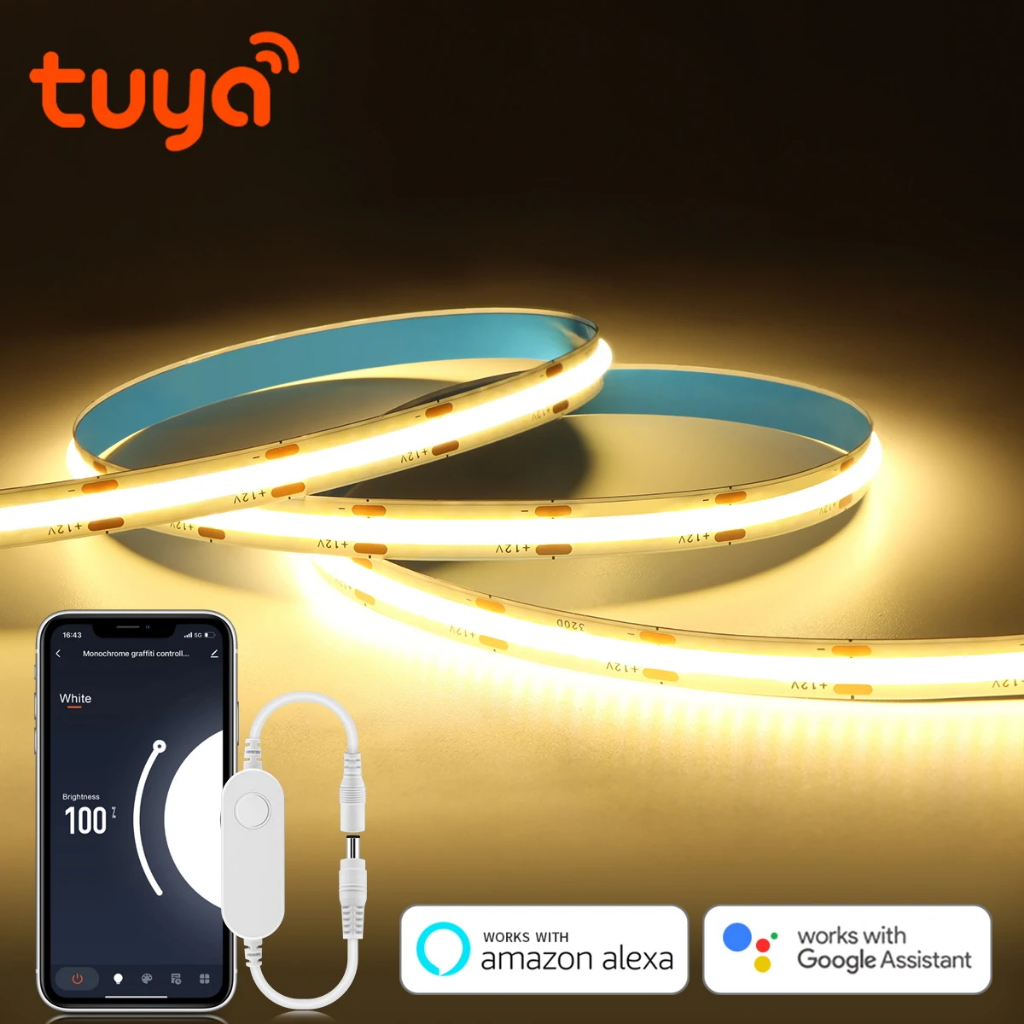 Tuya Smart WiFi Controle Sem Fio Fita LED COB Com Temporizador De 12V Luz De Fundo De TV Decoração De Sala Regulável Trabalho Alexa , Google Home