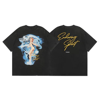 American High Street Wear Top Street Wear Top Repr--Retrato Angel Girl Retro Surf Impressão Camiseta de manga curta Lavagem preta