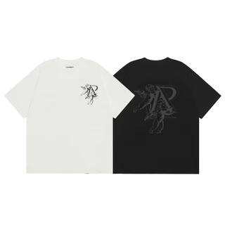Street Wear Top Camiseta de manga curta REPR---Angel Padrão de letra Desenho Casual Top Puro Algodão Pescoço Redondo Unisexo
