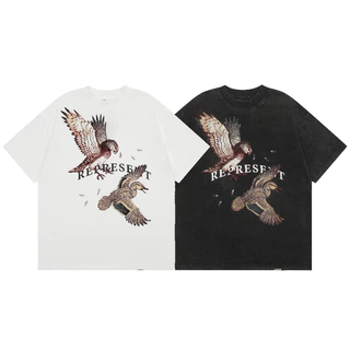 Street Wear Top Repr--Summer Novo Estilo Retro Lavado Pássaro Braun Lavado Solto Camiseta Casual de Manga Curta Americana