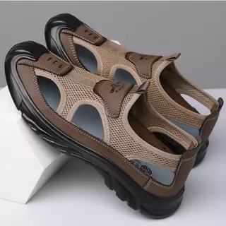 Homens Baotou Sandálias Baotou Sapatos de Buraco de Malha Oca Sapatos de Praia Casuais Esportivos de Exterior Antiderrapante