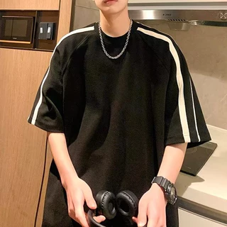 【 Unisex Estilo Camiseta Listrada Homens De Rua Verão casual Versátil Solto Simples Pescoço Redondo De Manga Curta