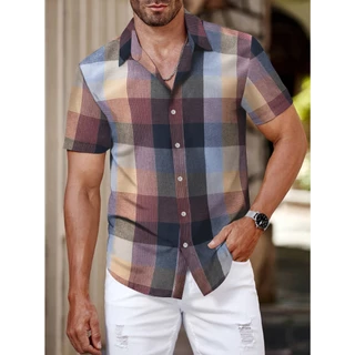 Novos Homens Casual Fashion Plaid Camisa de Manga Curta Confortável Camisa de Manga Curta Confortável Camisa de Manga Solta para Homens