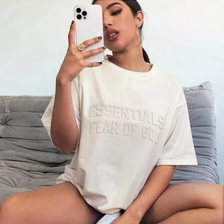FEAR OF GOD FOG Duas Linhas Essenciais Temporada 8 Peito Americano Duplas Carta Flocking Impressão Manga Curta High Street T-shirt De Algodão Puro Solto