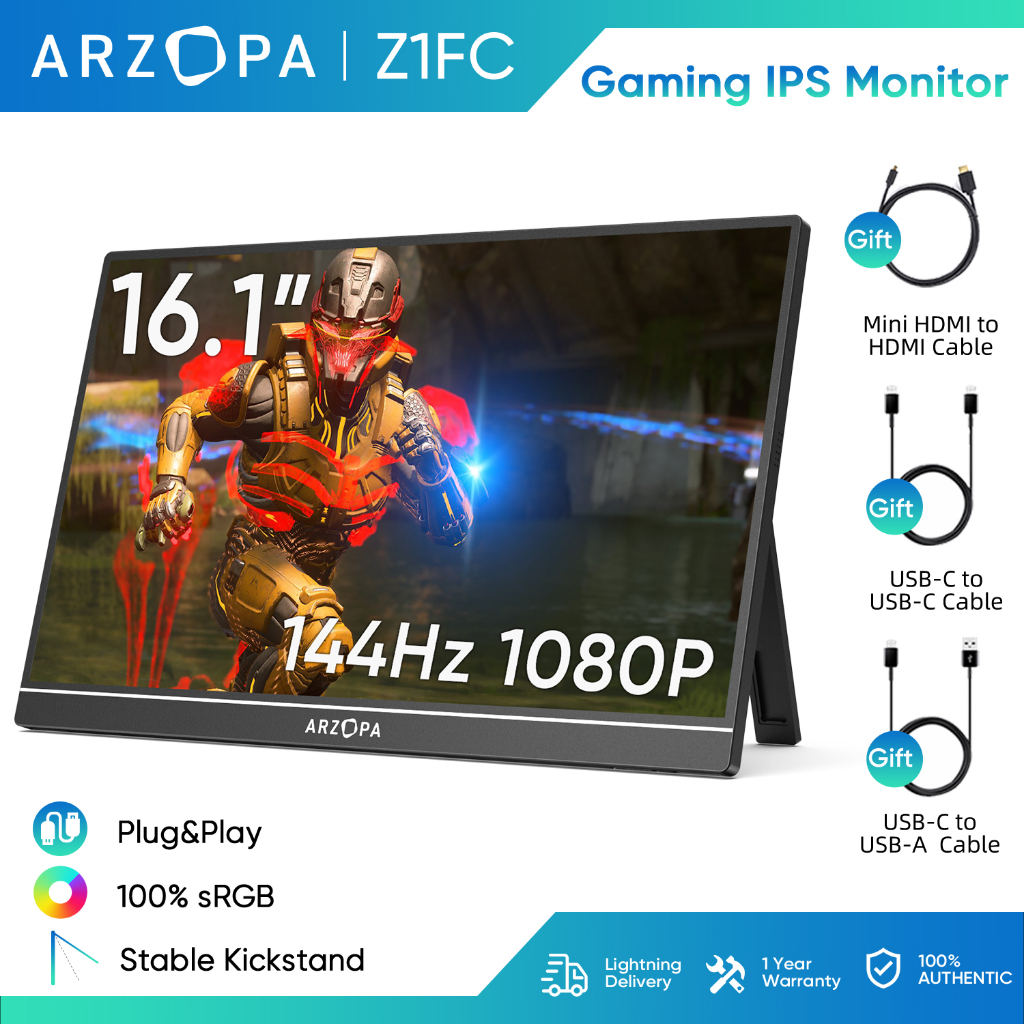Monitor De Jogos Portátil ARZOPA 16.1'144 Hz , 100 % sRGB , 1080P FHD Com Computador HDR HDMI Para Switch , PlayStation 