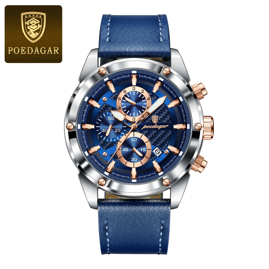 POEDAGAR Relógio de Luxo Cronógrafo Esportivo com Pulseira de Couro