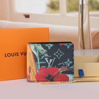 (Envio com caixa) Top Original Louis Carteira Masculina Padrão de Impressão Colorida 60895 Surf Black Nova Carteira Dobrável de Couro Genuíno lvl 11,5-9-1,5cm
