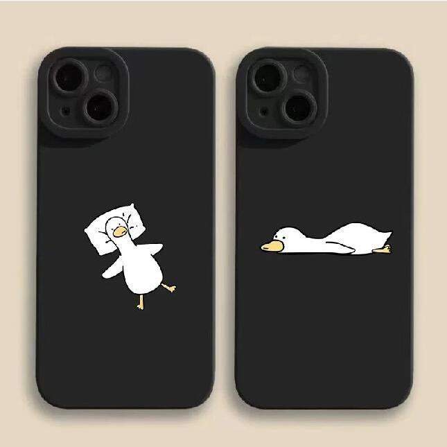 Caixa para telefone de pato IPhone 6 6S 11 7 8 15 X XR XS Plus 12 13 14 15 PRO mini MAX Silicone Líquido Preto