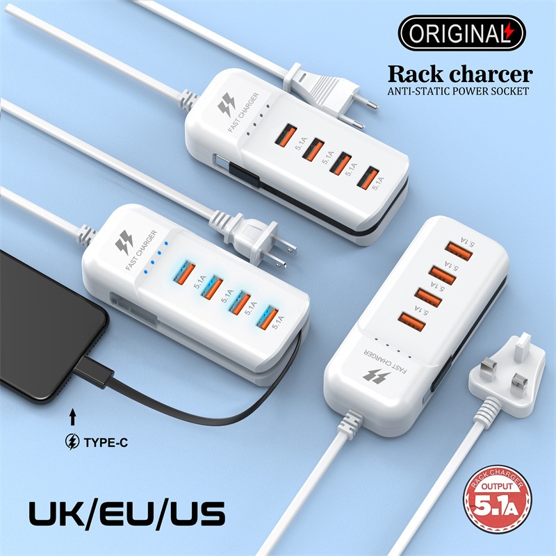 Carregador De 4 Portas USB Com Cabo De Extensão De Tomada Tipo c Multi ...