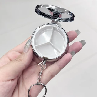 Criativo Mini Caixa De Comprimidos Redonda De Metal Com Chaveiro Portátil 3 Compartimentos Dispensador Armazenamento