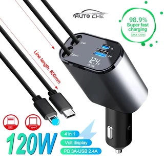 AutoChe 120W 4 IN 1 Carregador Retrátil Para Carro Cabo USB C IPhone Huawei Samsung Adaptador De Carga Rápida Isqueiro PD QC3.0