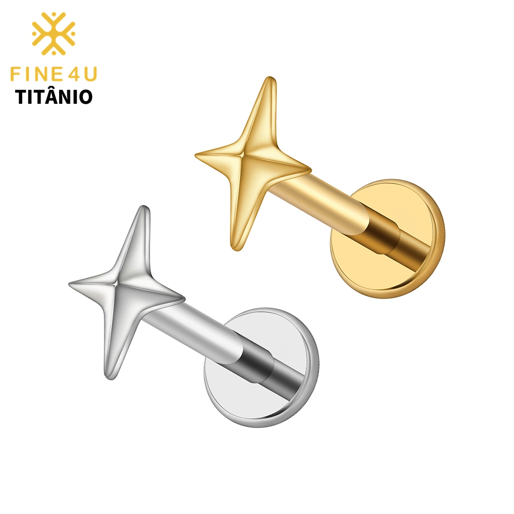 FINE4U Piercing Titânio Labret Estrela de Quatro Pontas| Helix Tragus Conch Nariz Boca-Medusa Brinco