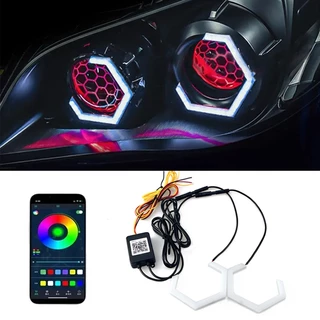 2PCS 12V/24V RGB APP Control Hexagon Angel Eyes Halo Anéis Retrofit Farol Carro Motocicleta Branco DRL + Amber Luz De Sinalização De Volta