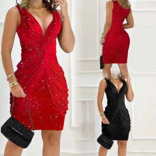 Mini Vestido Feminino De Pescoço Em V Glitter Cor Sólida Bodycon Festa Do Clube Noturno