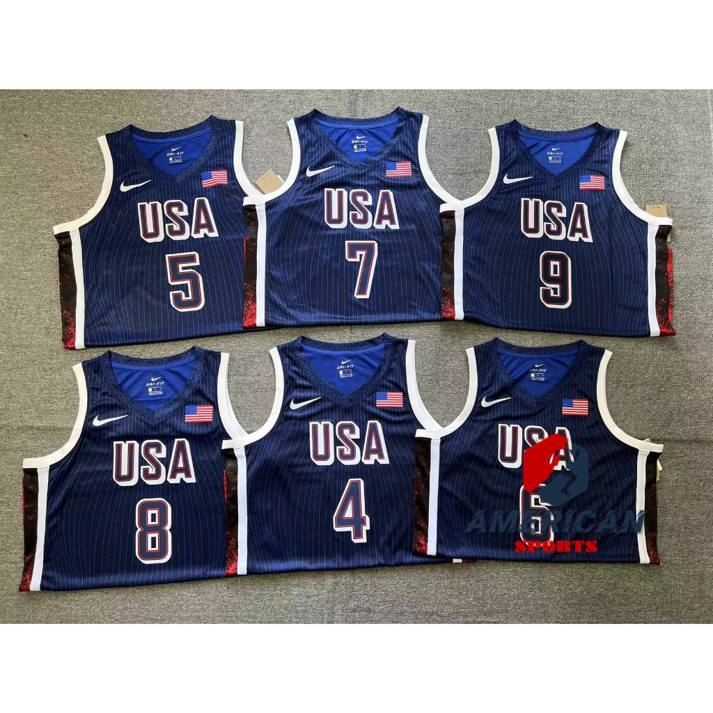 Hot Pressed Masculina Team USA Camisa Lebron James Stephen Curry 2024 Jayson Tatum Regata Blue Anthony Edwards Camiseta De Basquetebol Jersey