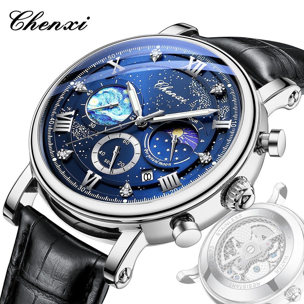 Relógio CHENXI De Moda Masculino Elegante De Couro À Prova D'água Cronógrafo Data Quartzo