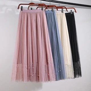 Saia Em Tule Vintage Elástico Linha Cintura Alta Uma Pérola Longa Pregued Tutu Mid Calf 2023 TJII
