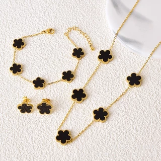 Colar De Flores De Ouro 18K Em Aço Inoxidável Pulseira E Brincos Para Mulheres