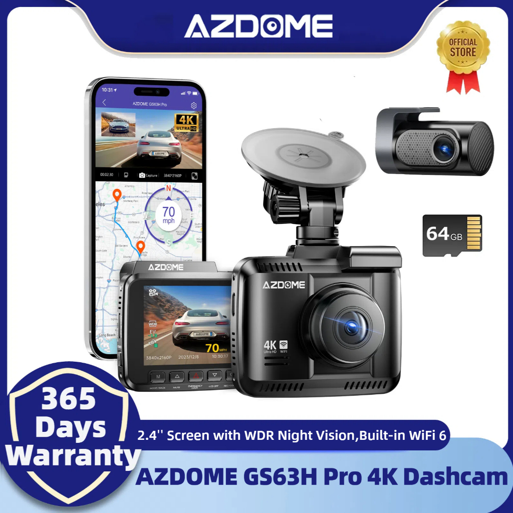 AZDOME GS63H Pro 4K Câmera Dash Cam 2160P Frontal E Traseira De 2,4 Polegadas Com Visão Noturna WDR GPS Wi-Fi 24H Dashcam Modo De Estacionamento